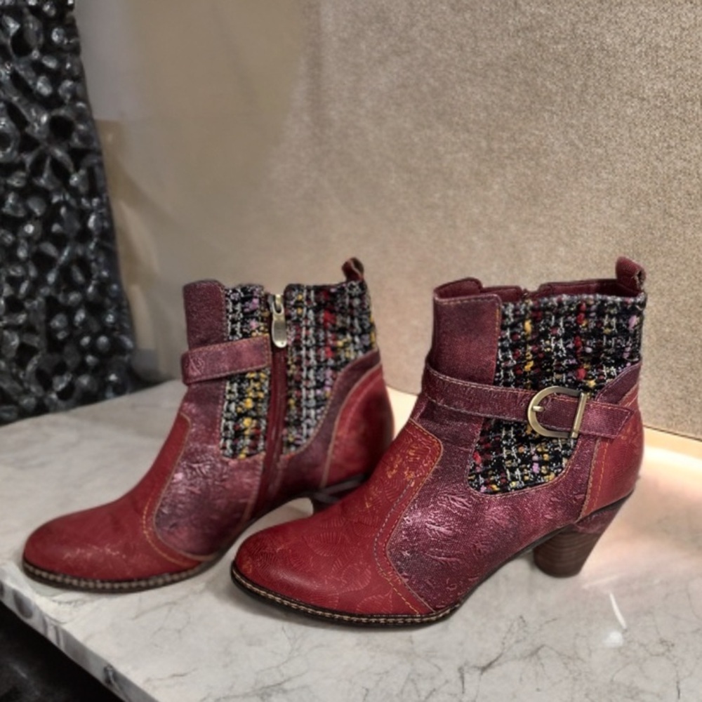 L'Atiste by Spring Step Nancies Burgundy Leather Tweed Ankle Boots Size EU 39 - Picture 9 of 17